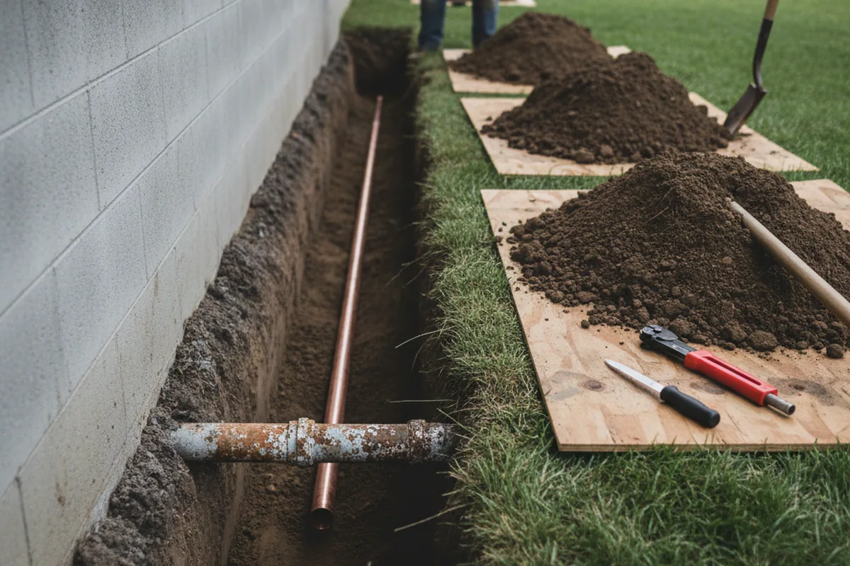Excavated water line trench during Water Heater Repair in Onancock